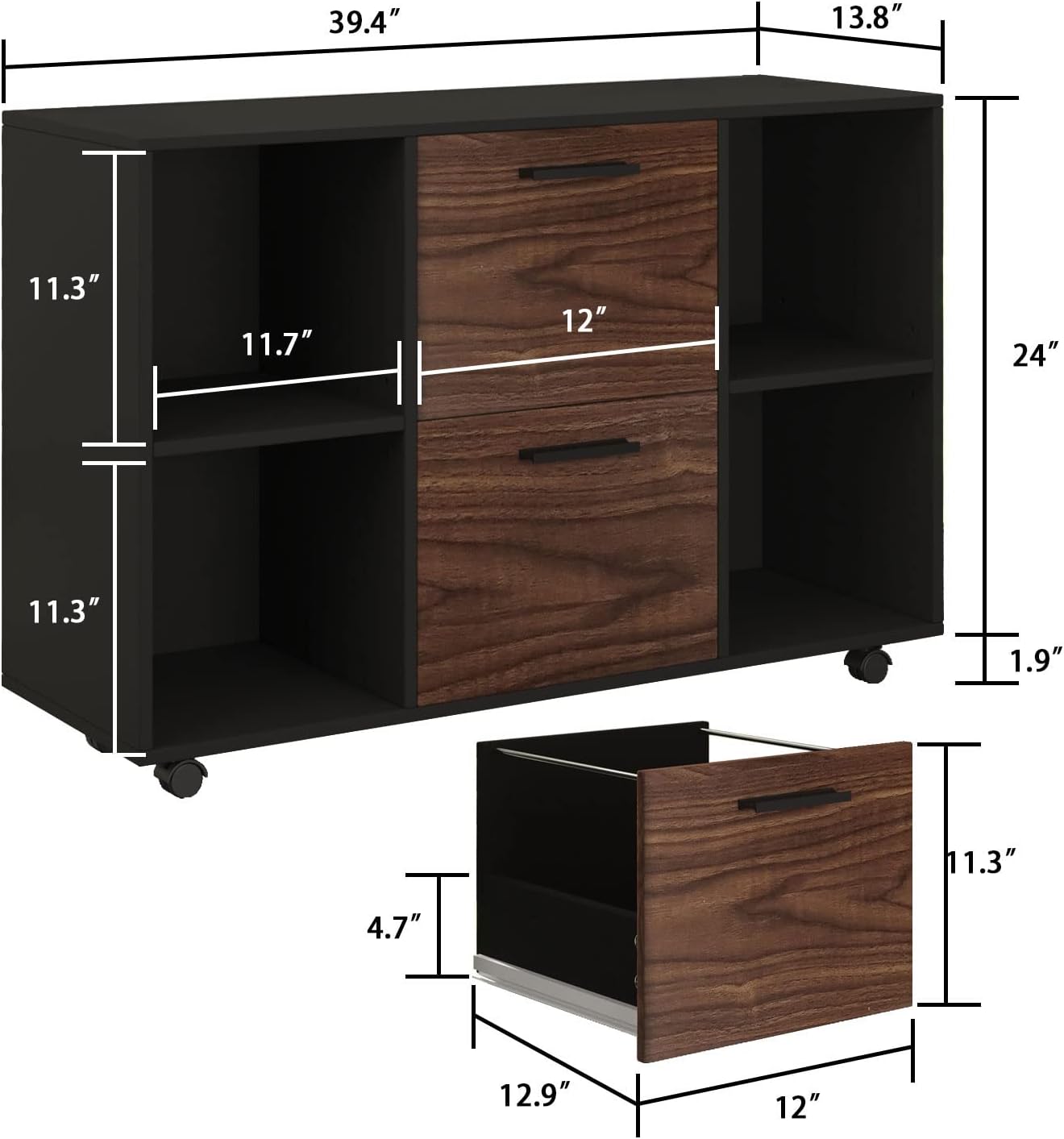 Black 2 Drawer Mobile Filing Cabinet with Storage R108
