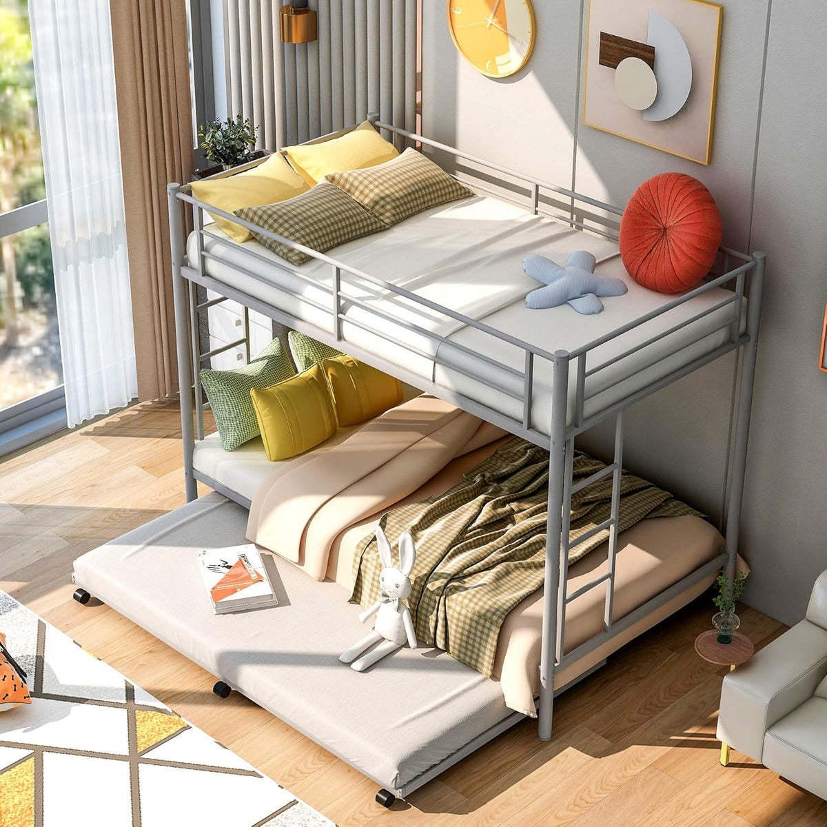 Black Twin Over Twin Metal Bunk Bed with Trundle X59748