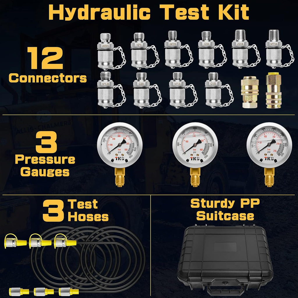 Hydraulic Pressure Test Gauge Kit with 12 Couplings, 3 Test Hoses, 3 Pressure Gauges F2674