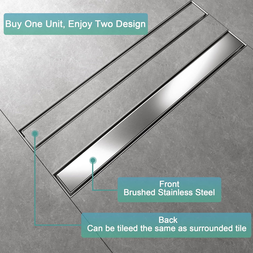 24 Inch Rectangle Shower Drain with Tile Insert Grate, Brushed 304 Stainless Steel, Pack of 2 O6269
