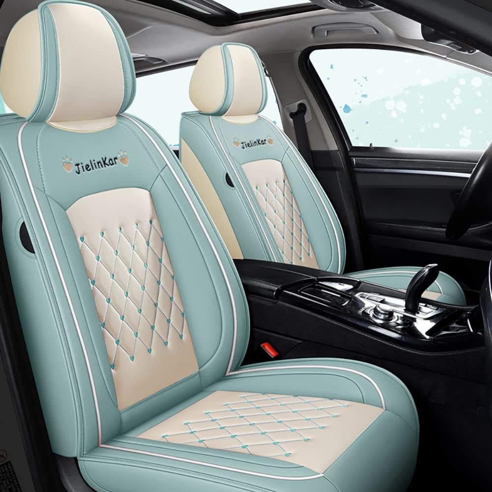 Green-White Waterproof PU Leather Car Seat Covers Full Set E8132