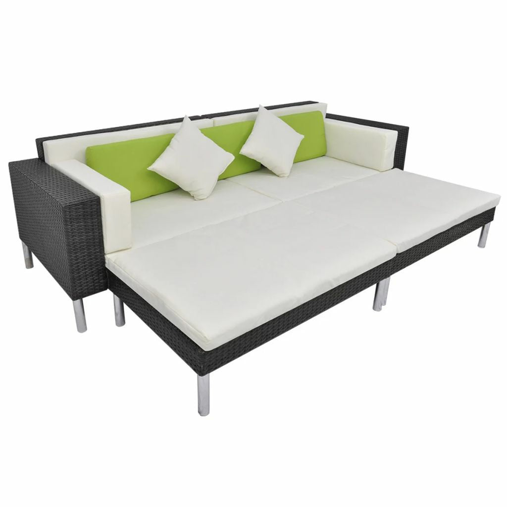 4 Piece Outdoor Conversation Set Cushioned Corner Sofa with Ottoman and Coffee Table Sectional Sofa Set Black Poly Rattan O553