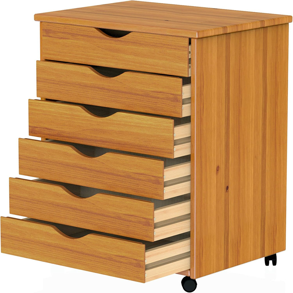 6 Drawer Wide Roll Cart, Medium Pine U4735