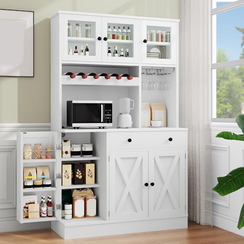 Grey Tall Kitchen Pantry Cabinet with Doors, Shelves, Drawer, Wine Rack, Power Outlet X408