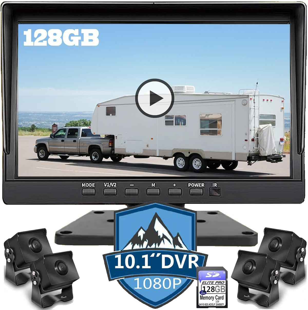 10.1 inch 1080P Backup Camera Monitor with 128GB DVR Waterproof 4 Split Screen T2713