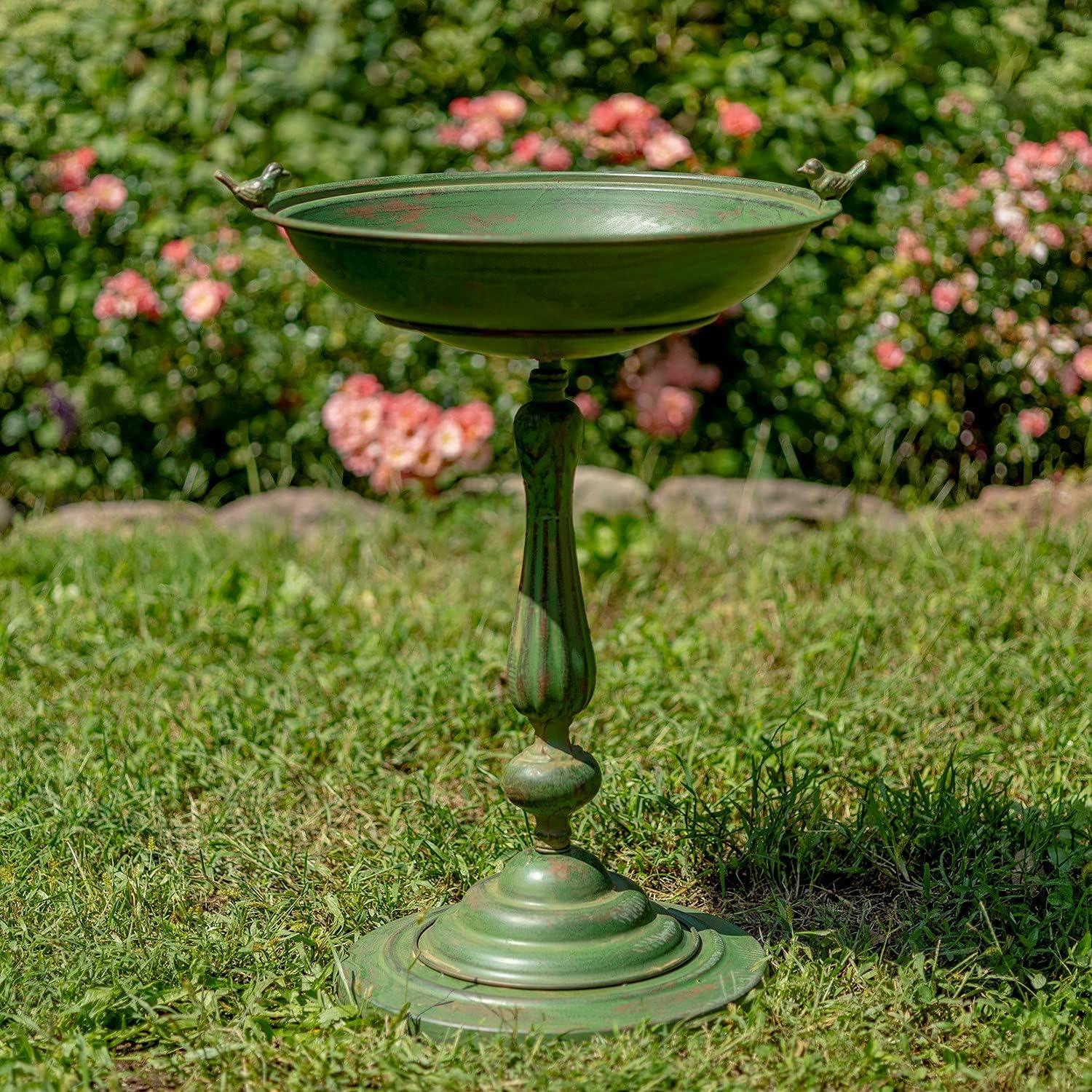 Ornate Metal Pedestal Birdbath with Cast Iron Birds (Blue) V20997