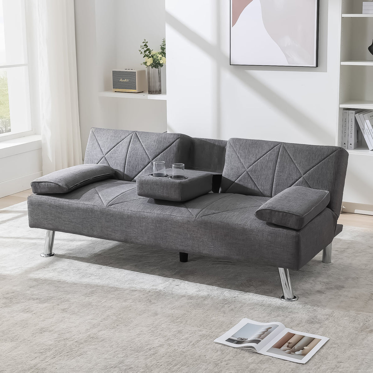 Gray Linen Convertible Folding Futon Sofa Bed with Removable Armrests Z291291