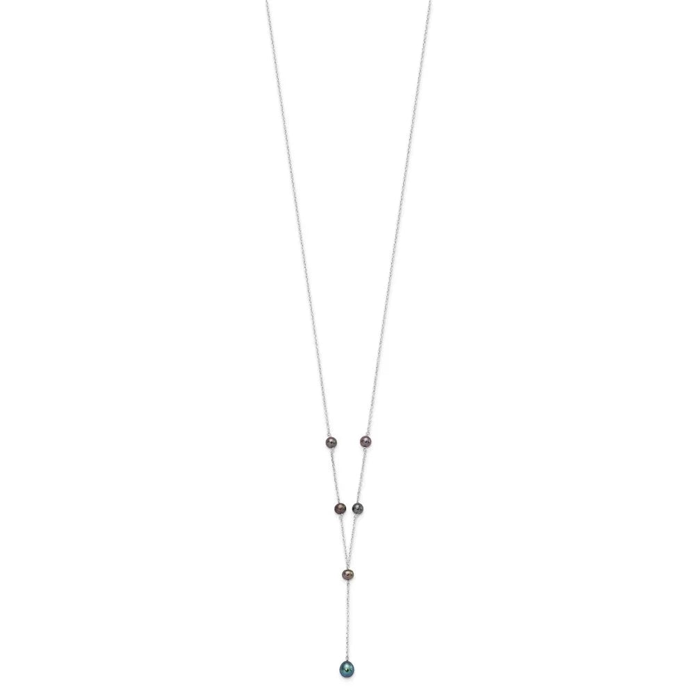 925 Sterling Silver Rhodium-plated Black Freshwater Cultured Pearl Y-Drop Necklace 16" U121
