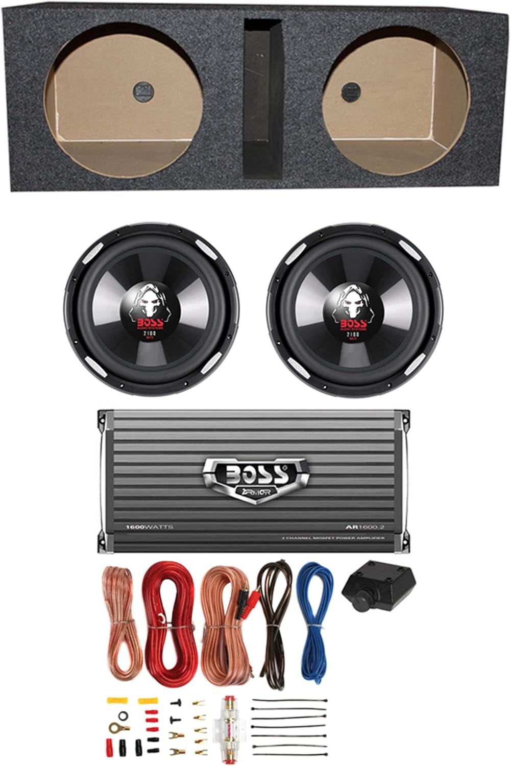 10" 4200W Car Subwoofers with Ported Box and 2-Ch Amp and 8 Gauge Amp Kit T697