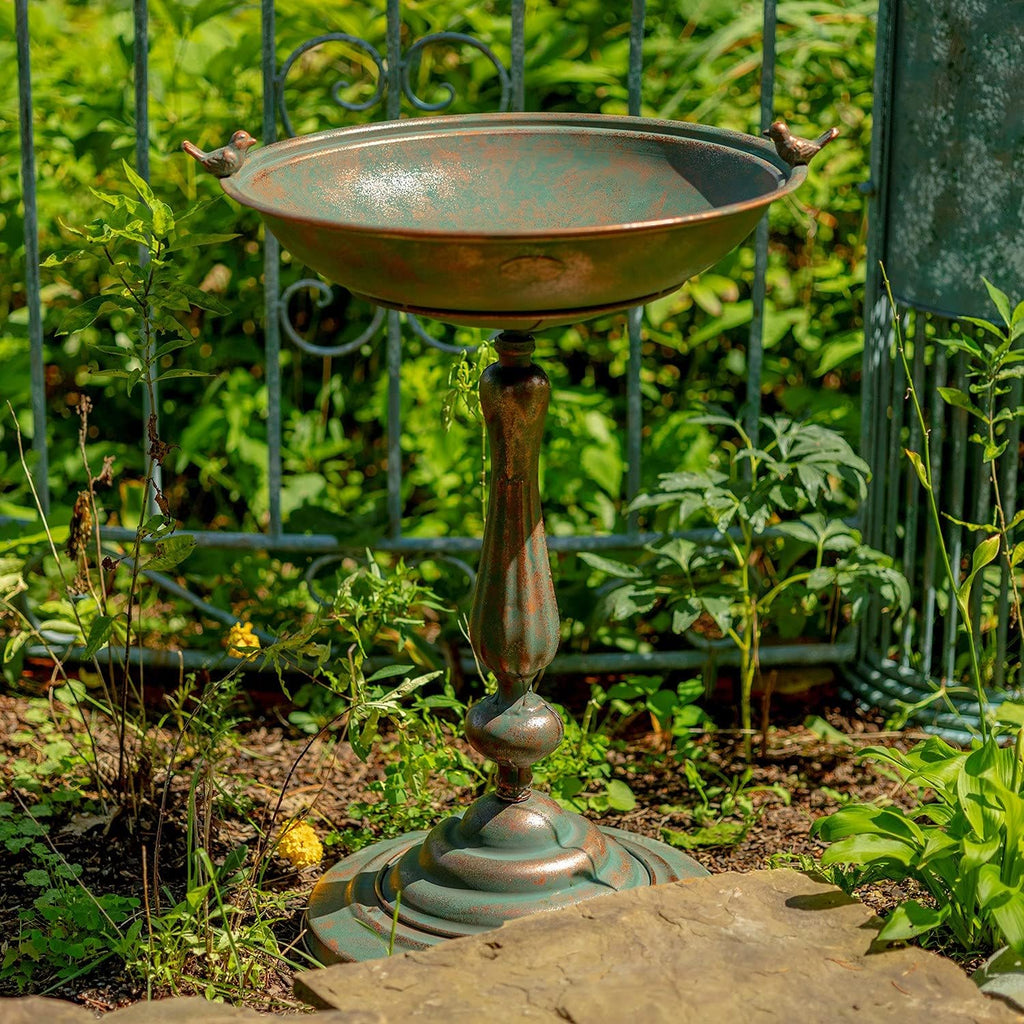 Ornate Metal Pedestal Birdbath with Cast Iron Birds (Blue) V20997