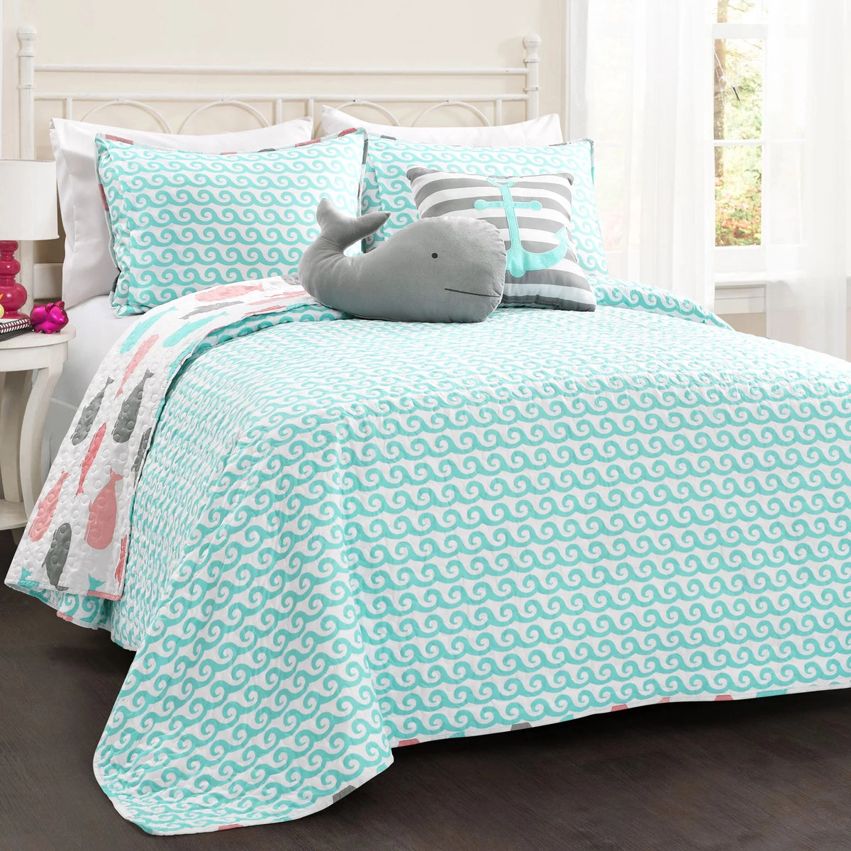 Pink/Aqua Twin Reversible Quilt 4-Pc Set A15225