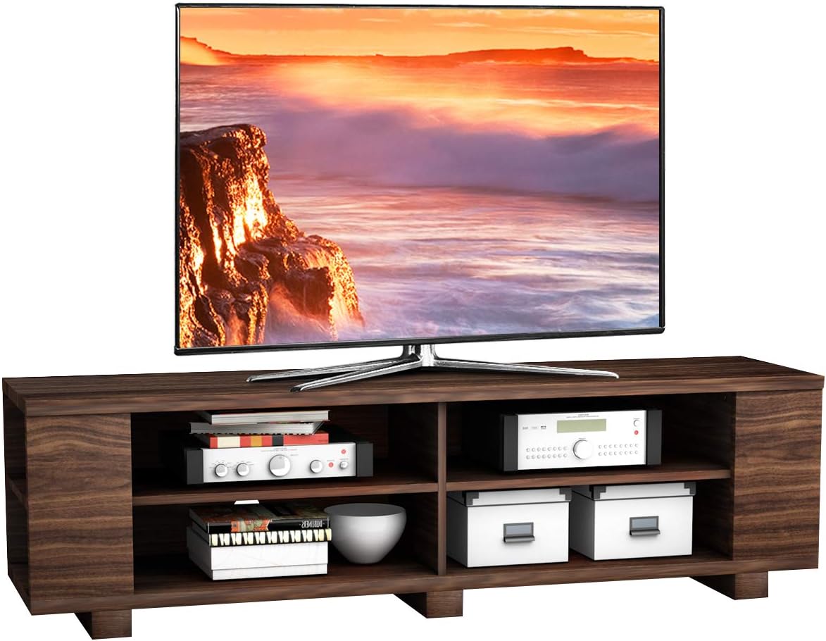 Brown Wood TV Stand with 8 Open Shelves T372
