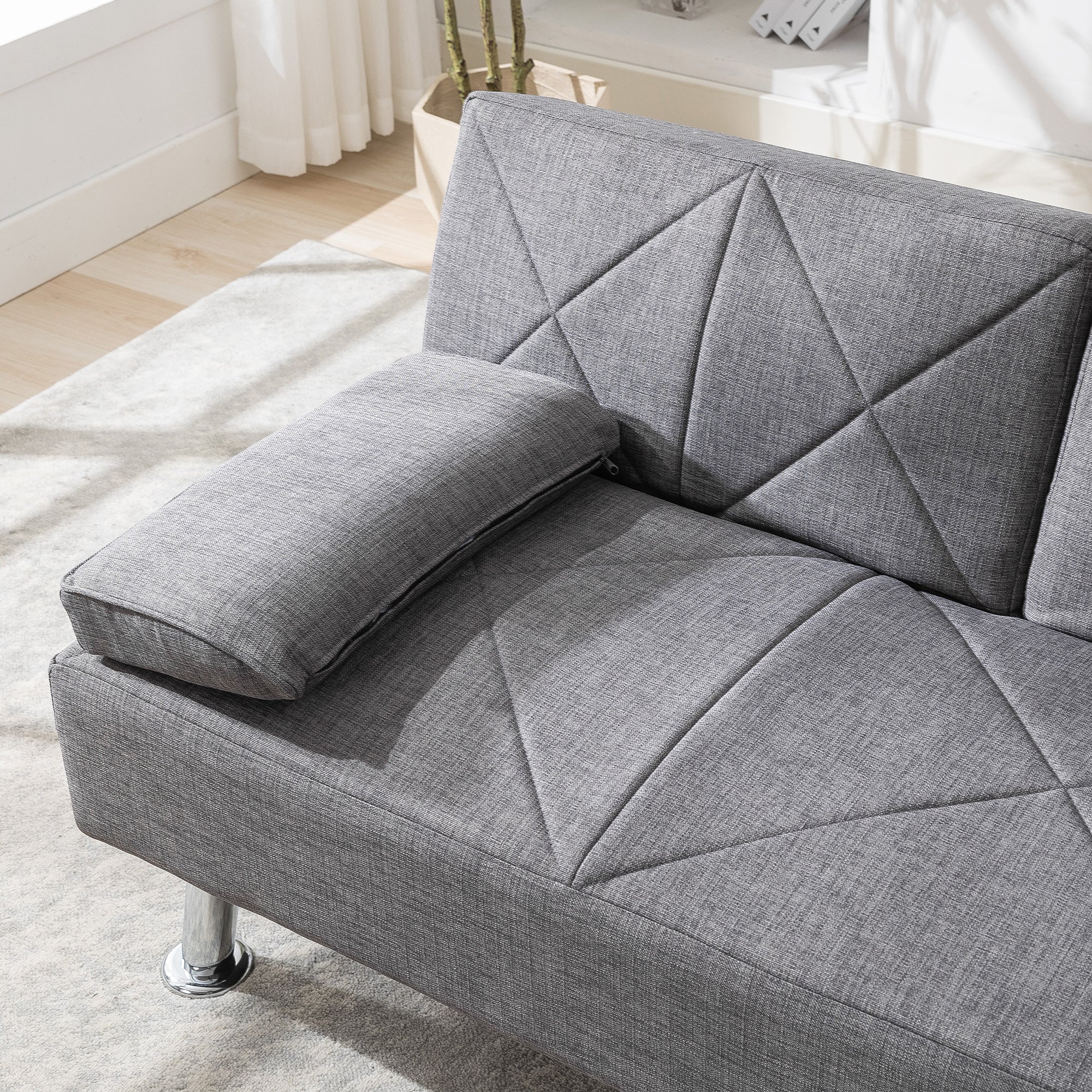 Gray Linen Convertible Folding Futon Sofa Bed with Removable Armrests Z291291