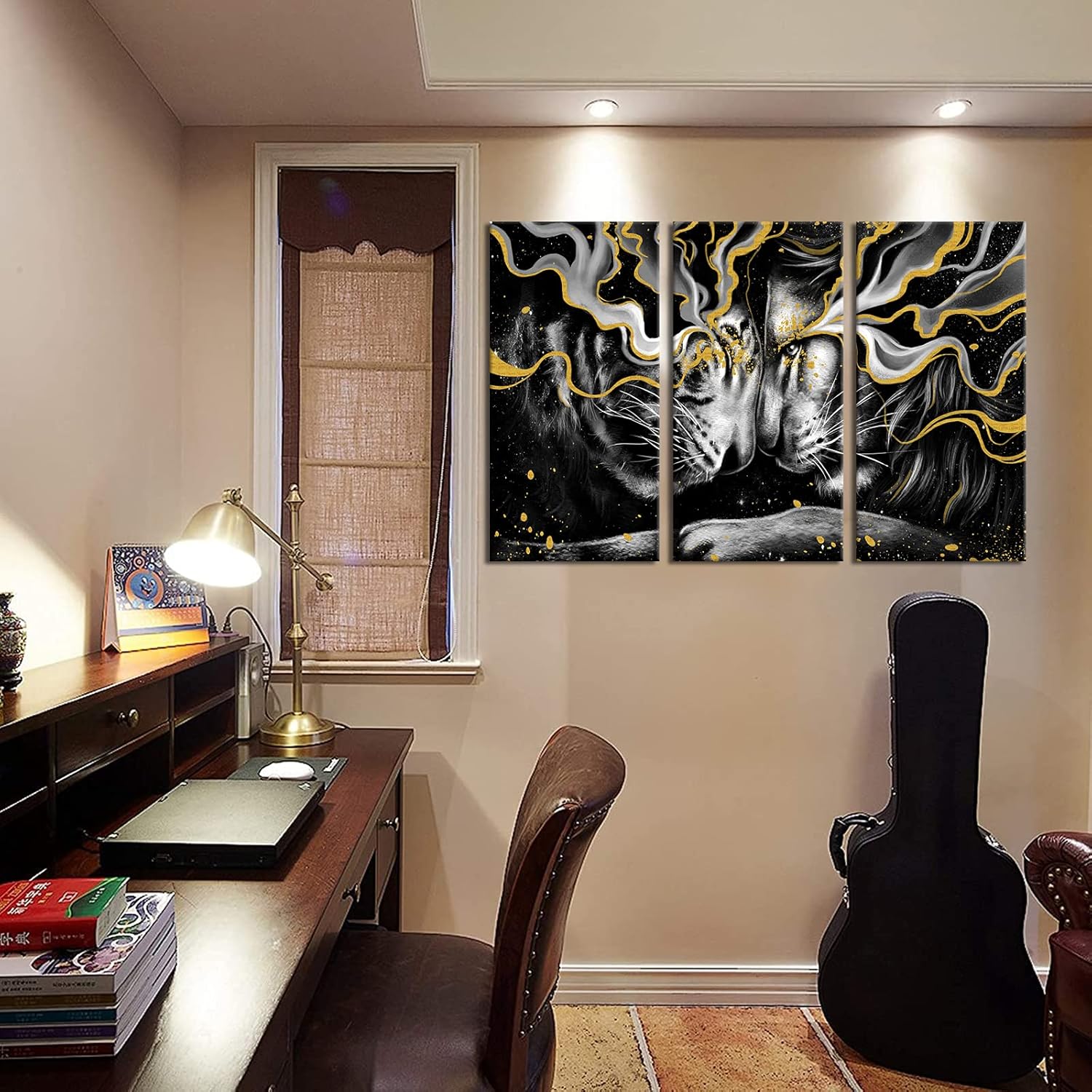 Black and Gold Framed Canvas Lion Wall Art F4908