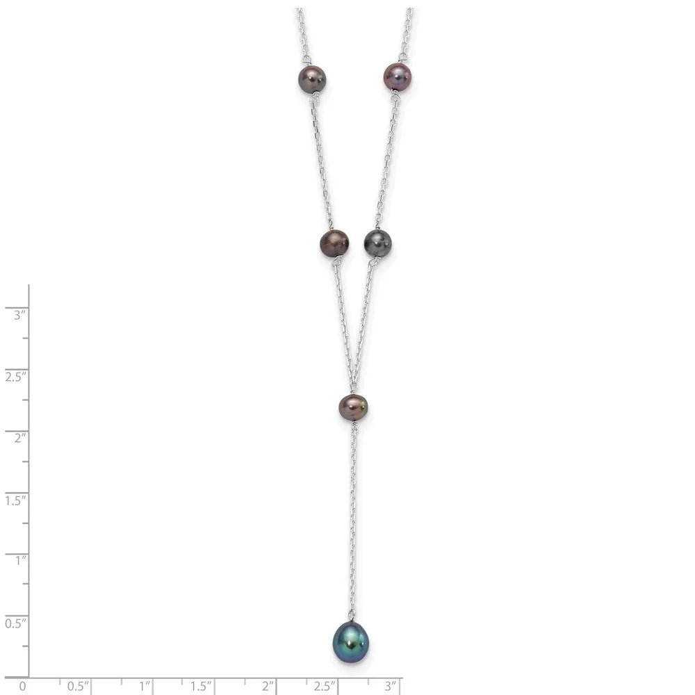 925 Sterling Silver Rhodium-plated Black Freshwater Cultured Pearl Y-Drop Necklace 16" U121