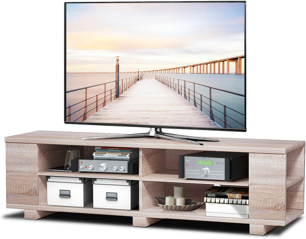 Brown Wood TV Stand with 8 Open Shelves T372