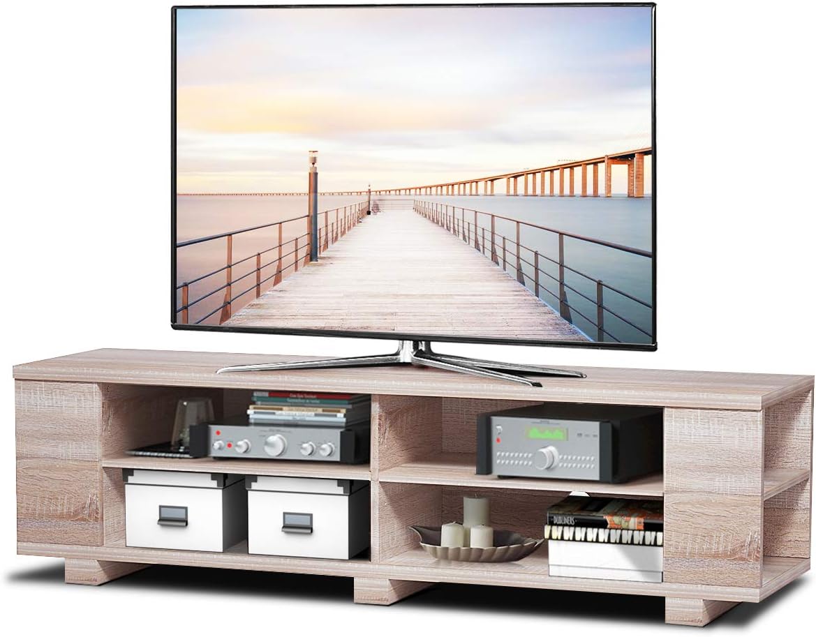 Brown Wood TV Stand with 8 Open Shelves T372