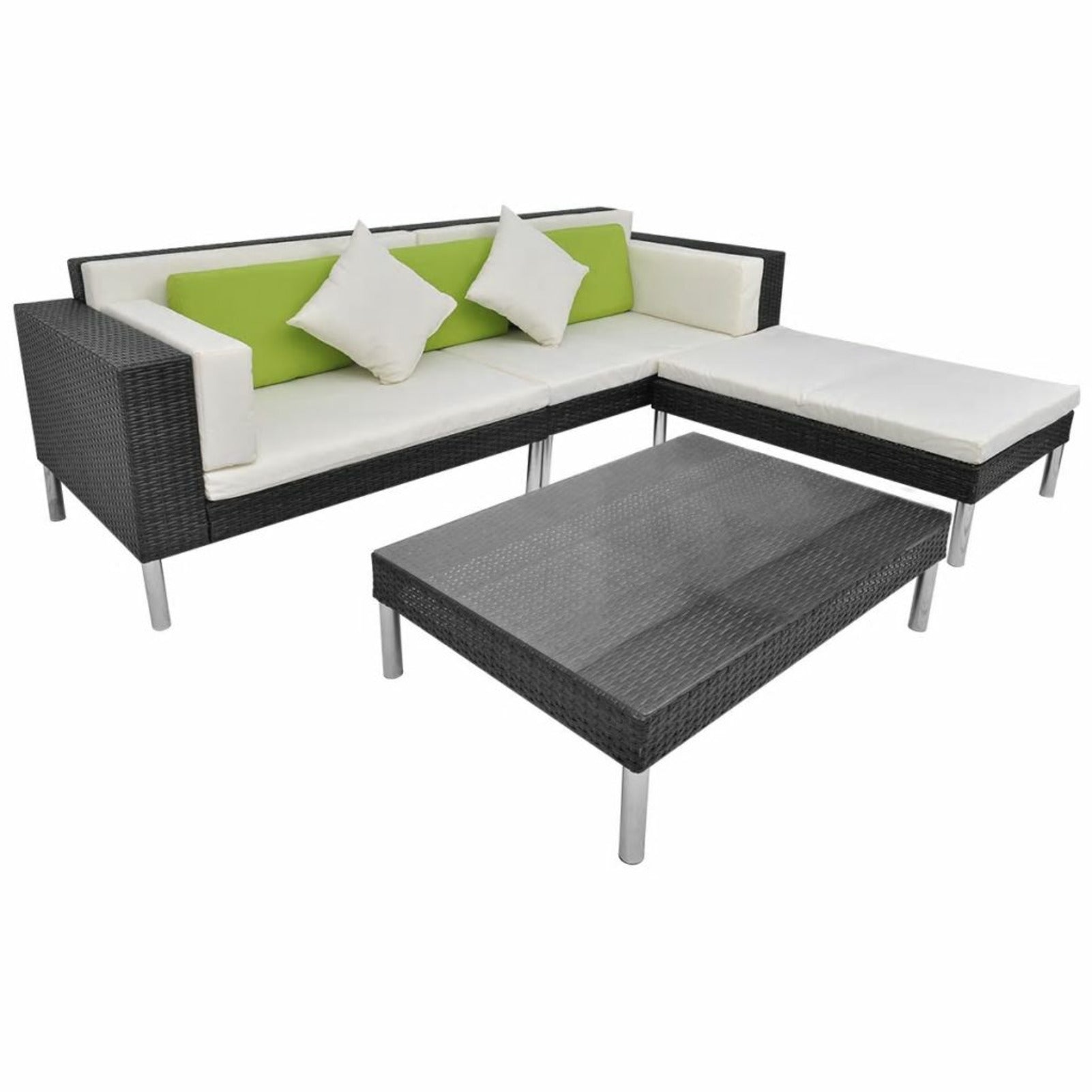 4 Piece Outdoor Conversation Set Cushioned Corner Sofa with Ottoman and Coffee Table Sectional Sofa Set Black Poly Rattan O553