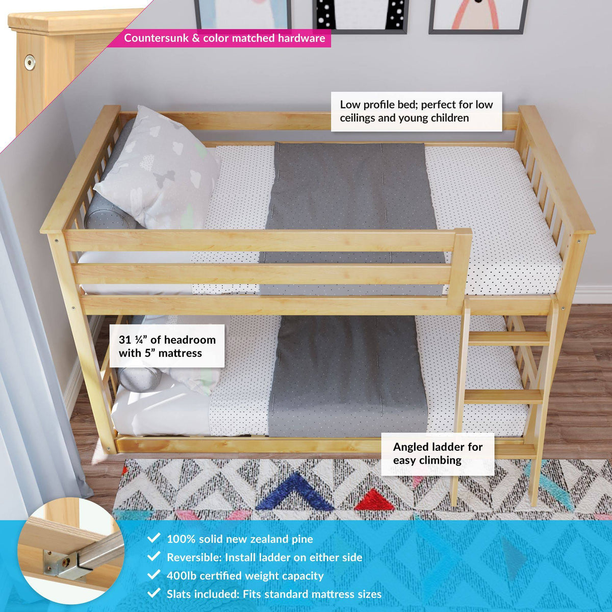 Twin Over Twin Low Bunk Bed, Natural I23336
