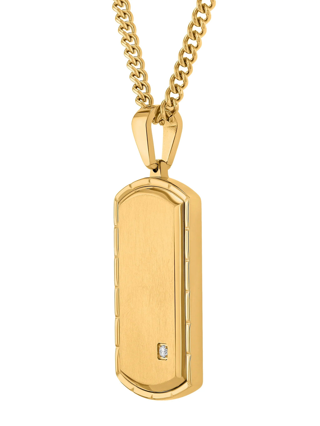 Men's Gold-Tone Stainless Steel Cubic Zirconia Dog Tag Pendant Necklace T587