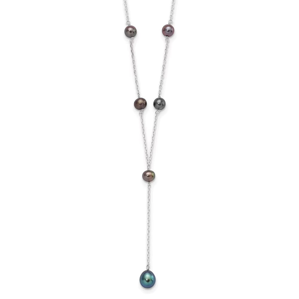 925 Sterling Silver Rhodium-plated Black Freshwater Cultured Pearl Y-Drop Necklace 16" U121