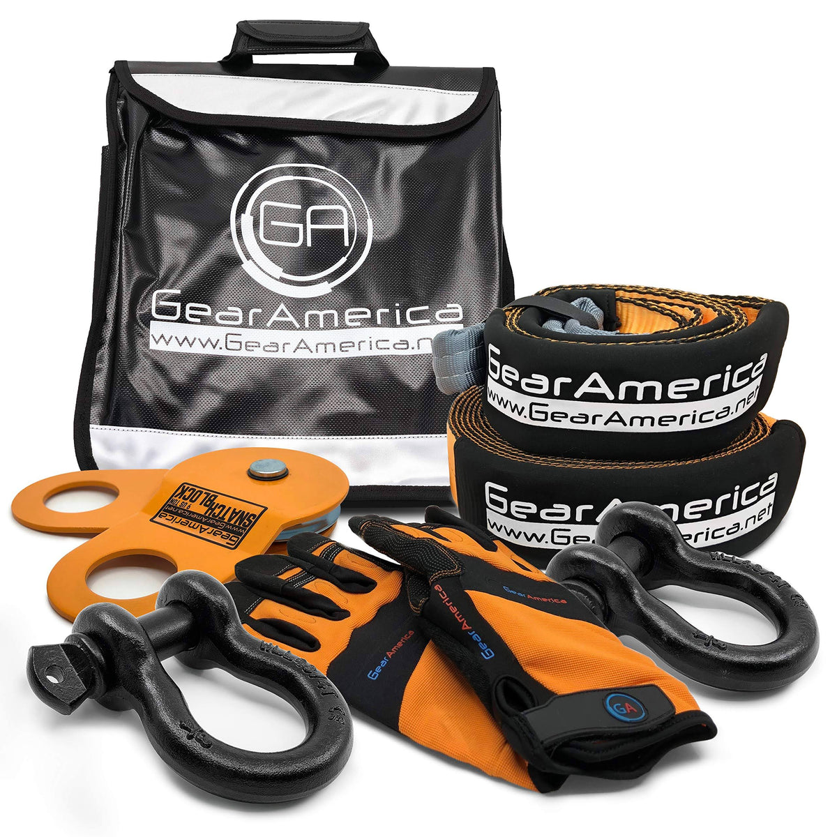 Off-Road Recovery Kit with Tow Strap, Tree Saver, Snatch Block Pulley, D-Ring Shackles, Winch Line J94498