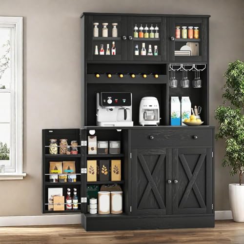 Grey Tall Kitchen Pantry Cabinet with Doors, Shelves, Drawer, Wine Rack, Power Outlet X408