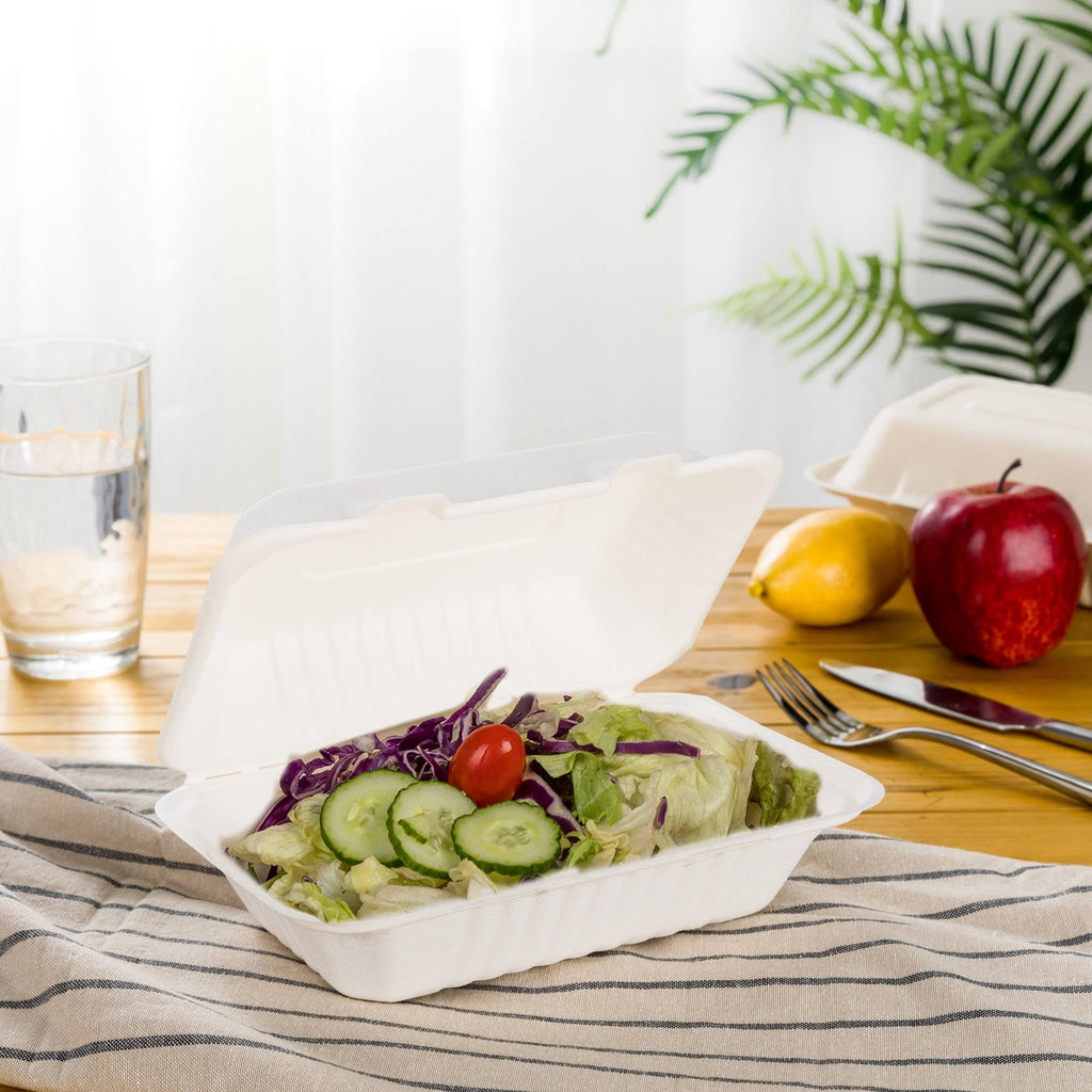 8 in. White Sugarcane Clamshell Containers (300 Pack) R98795
