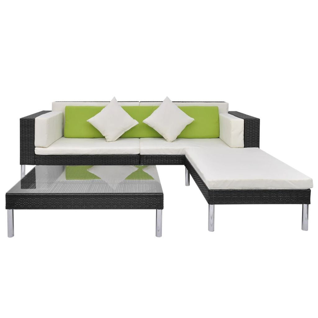 4 Piece Outdoor Conversation Set Cushioned Corner Sofa with Ottoman and Coffee Table Sectional Sofa Set Black Poly Rattan O553