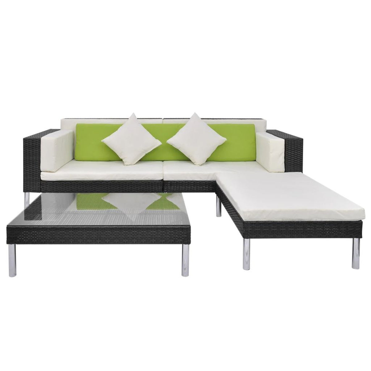 4 Piece Outdoor Conversation Set Cushioned Corner Sofa with Ottoman and Coffee Table Sectional Sofa Set Black Poly Rattan O553