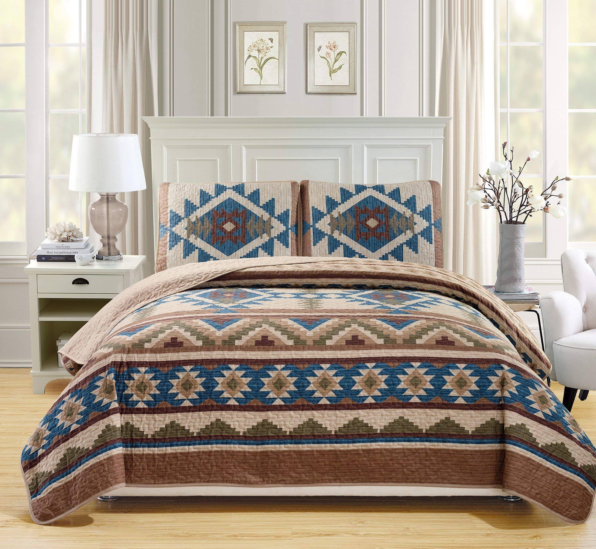 Oversize King California 3 Piece Multicolor Beige Taupe Brown Blue Green Z475708