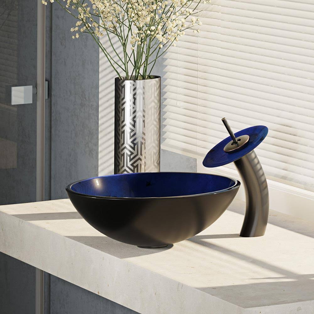 Foil Undertone Glass Vessel Sink with Antique Bronze Waterfall Faucet Q556