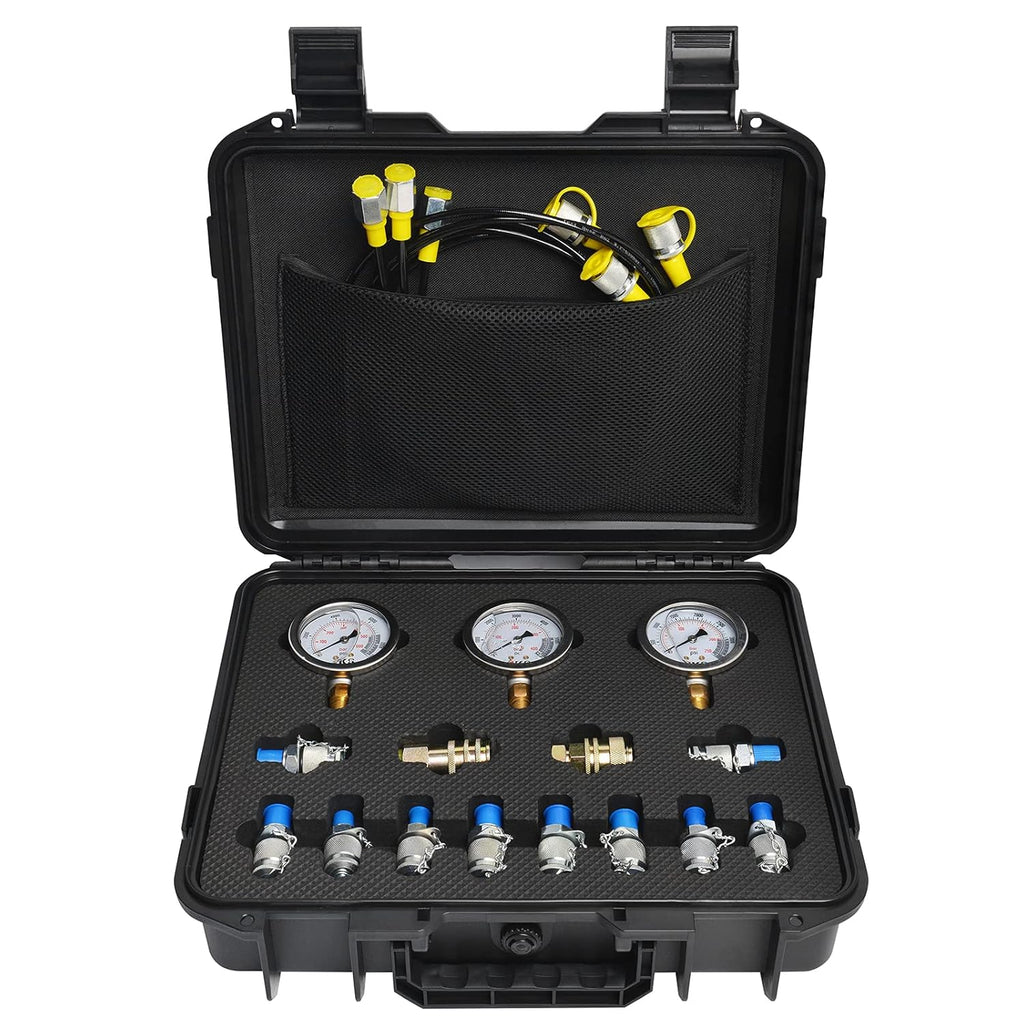Hydraulic Pressure Test Gauge Kit with 12 Couplings, 3 Test Hoses, 3 Pressure Gauges F2674
