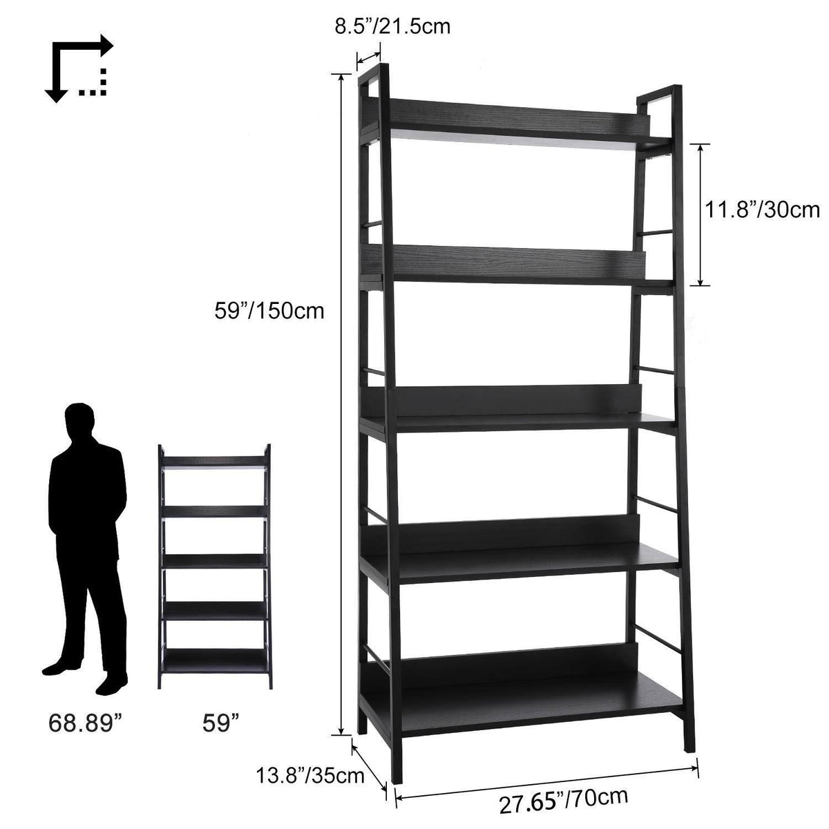 Black 5 Tier Metal Frame Wood Shelves Bookcase G400