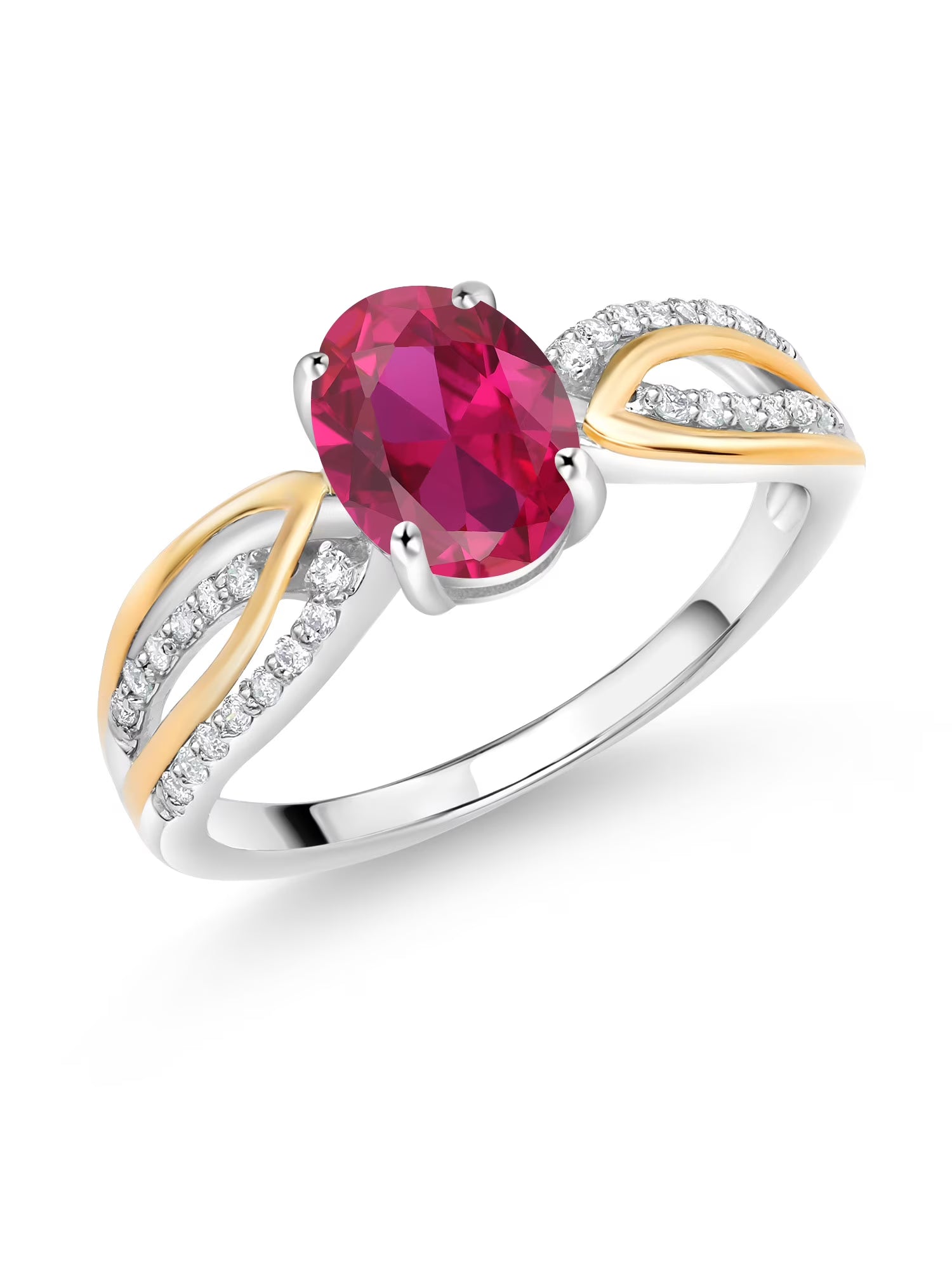 925 Sterling Silver 10K Yellow Gold Red Created Ruby White Lab Grown Diamond Engagement Ring G5472