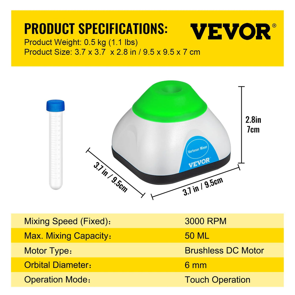 Compact Vortex Mixer, 3000RPM Lab Shaker with Touch Operation, 50ML Capacity, 6mm Orbital Movement V178966