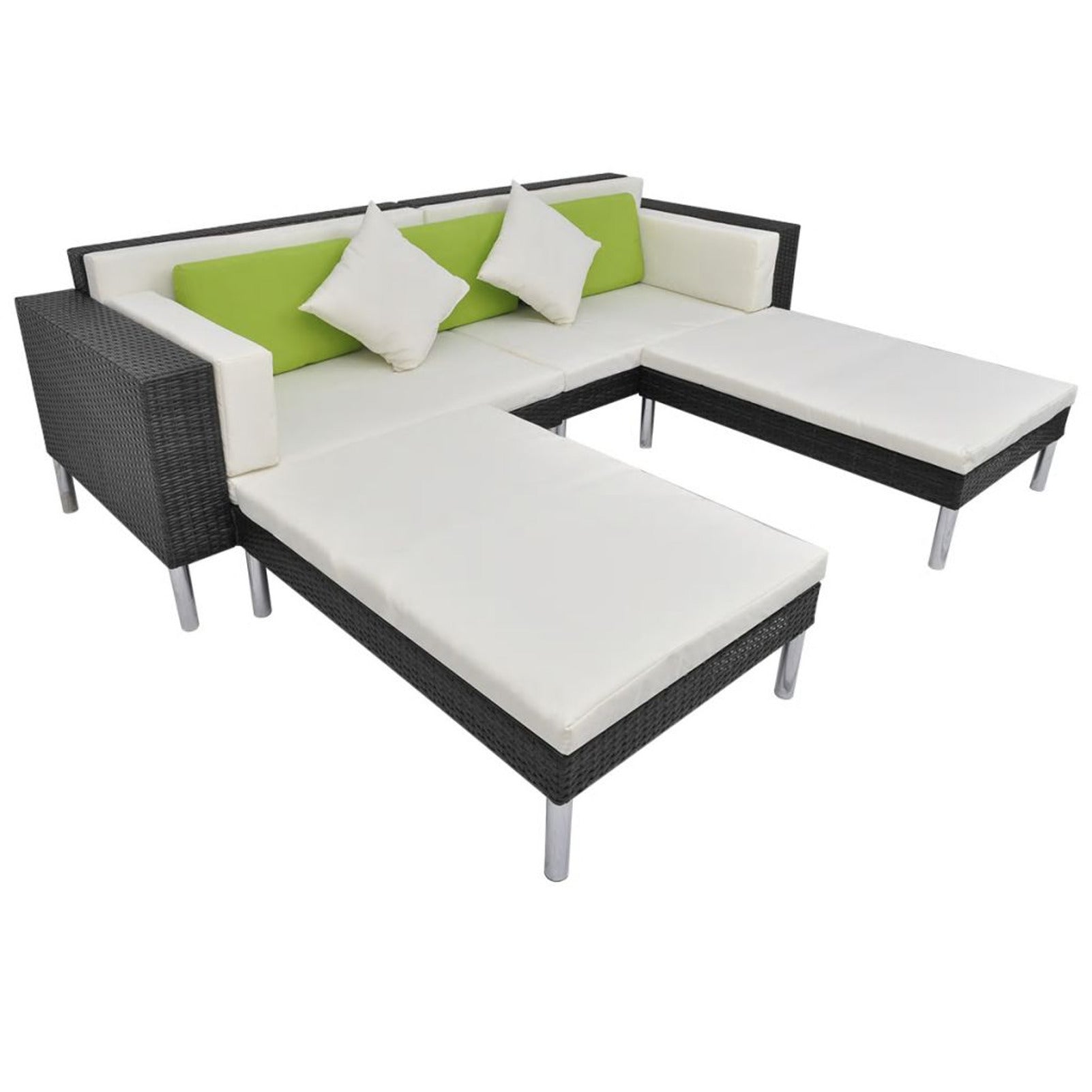 4 Piece Outdoor Conversation Set Cushioned Corner Sofa with Ottoman and Coffee Table Sectional Sofa Set Black Poly Rattan O553