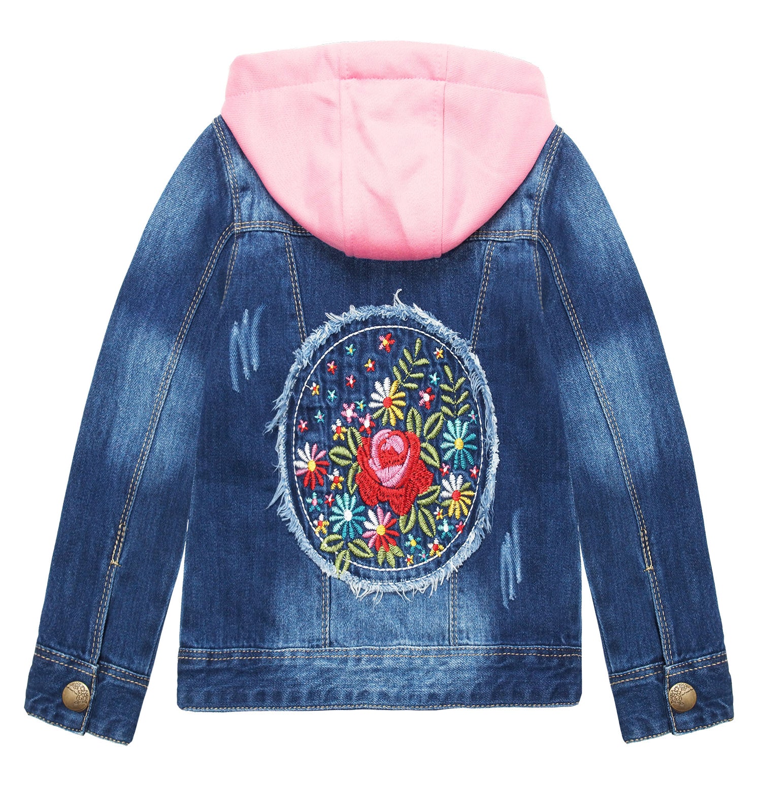 Pink Detachable Hood Flower Embroidered Jean Jacket C4616