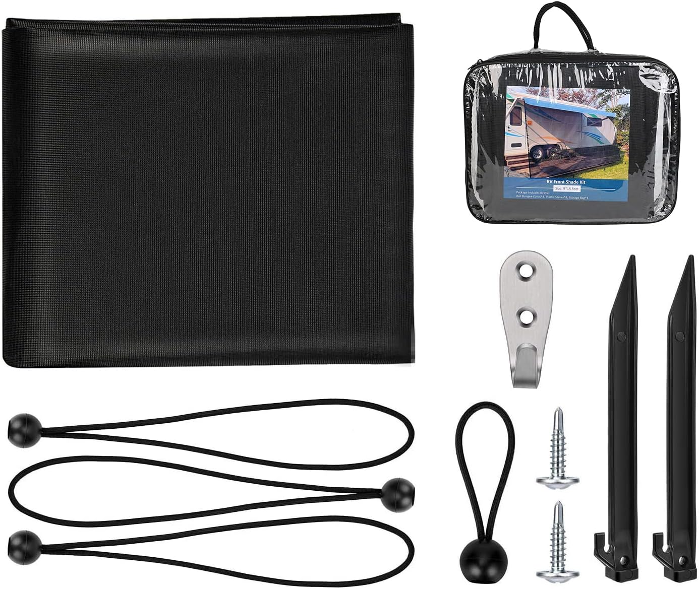 RV Awning Side Sun Shade 9’ x 7’ Black Mesh Screen Kit F32599