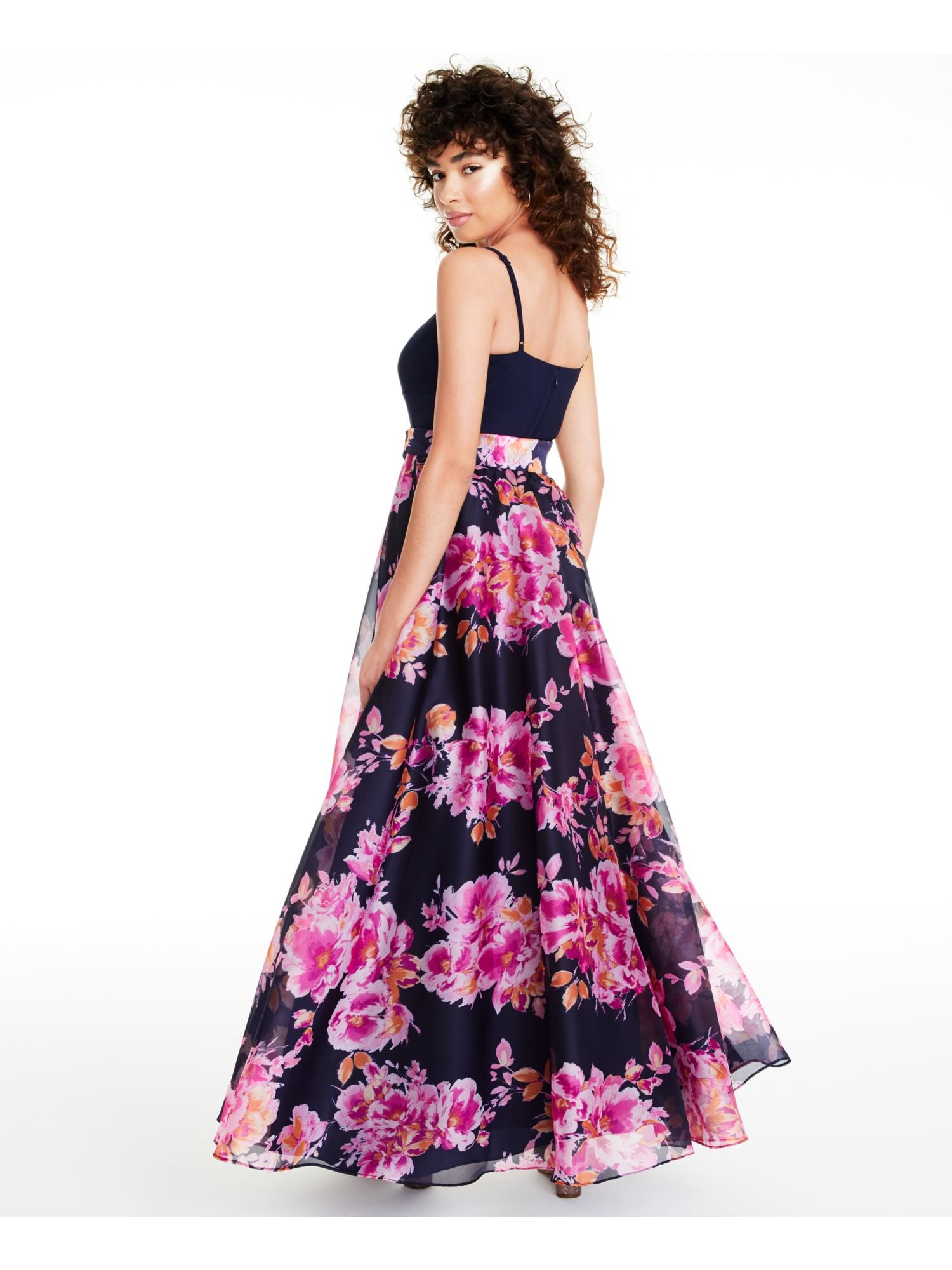 Navy Floral Spaghetti Strap V Neck Full-Length Fit + Flare Dress U32913