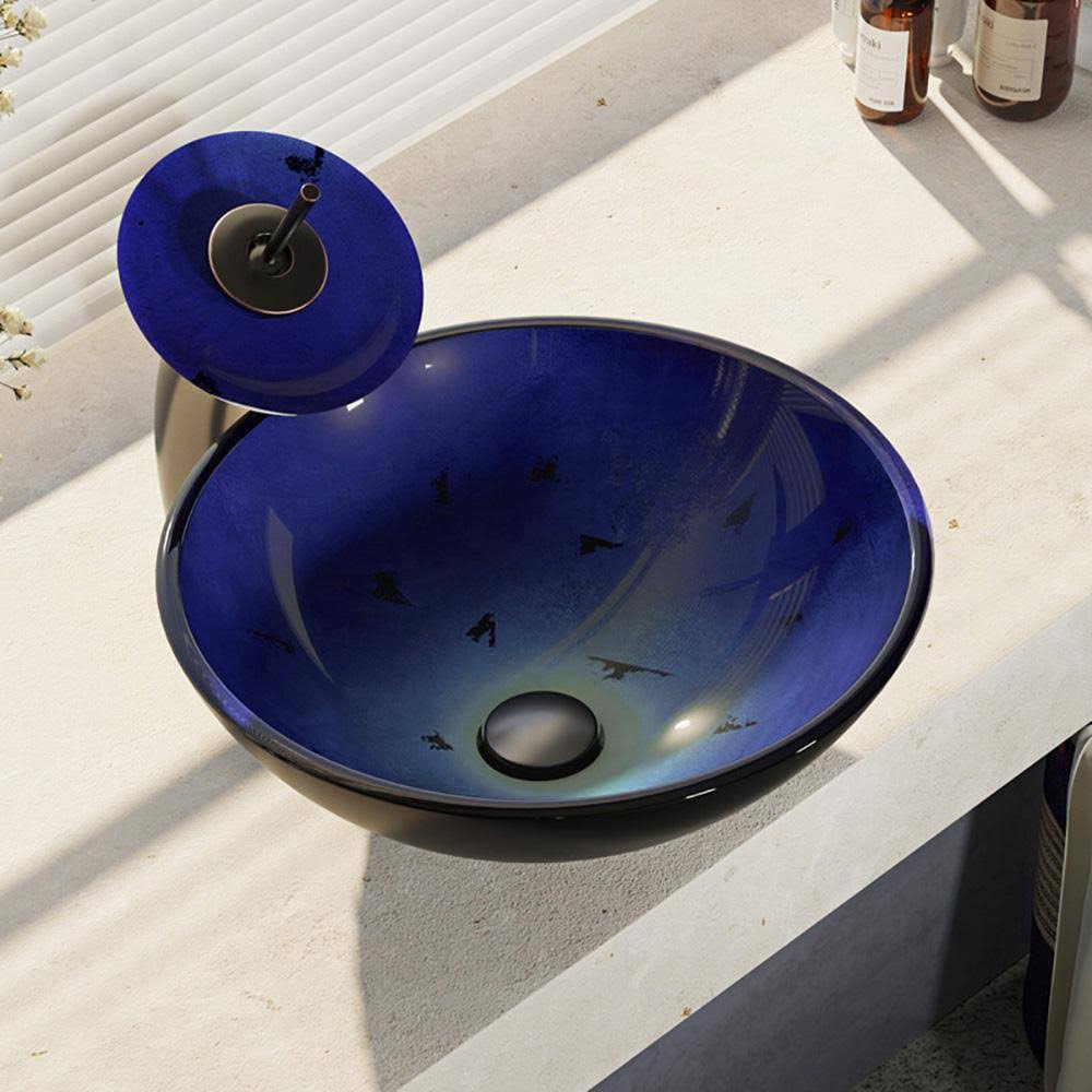 Foil Undertone Glass Vessel Sink with Antique Bronze Waterfall Faucet Q556