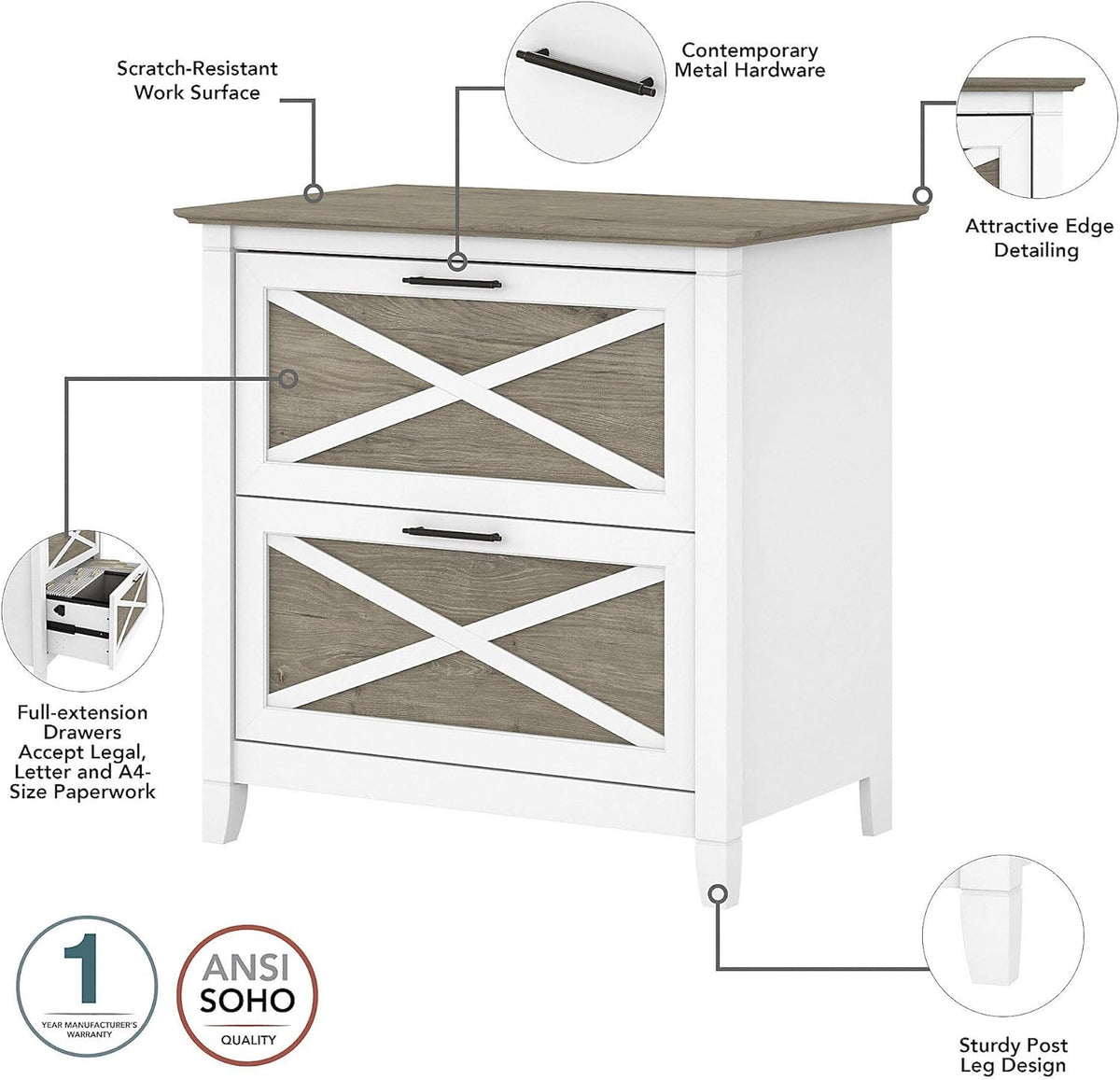 2 Drawer Lateral File Cabinet in Pure White and Shiplap Gray D2907