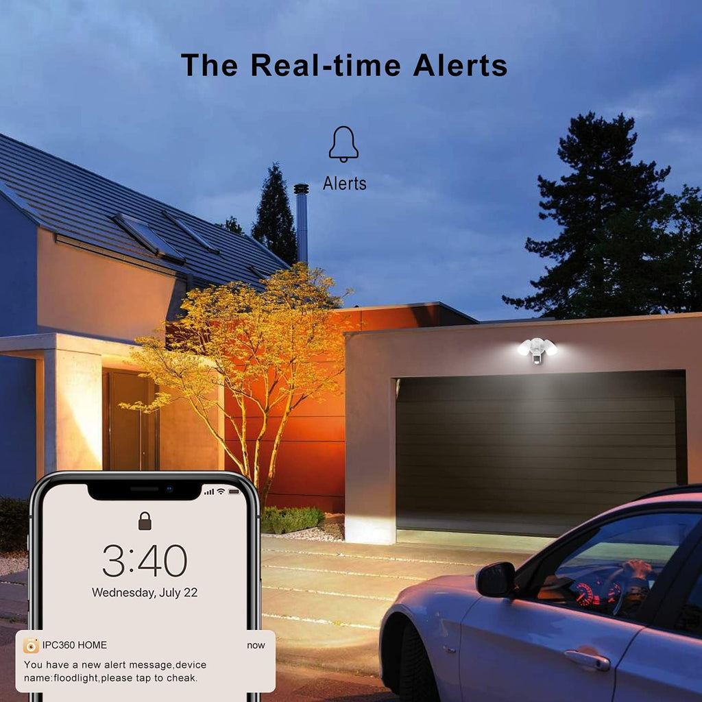 Outdoor Motion Sensor Floodlight Camera with Siren Alarm IP65 Waterproof Night Vision Two-Way Audio White D24304
