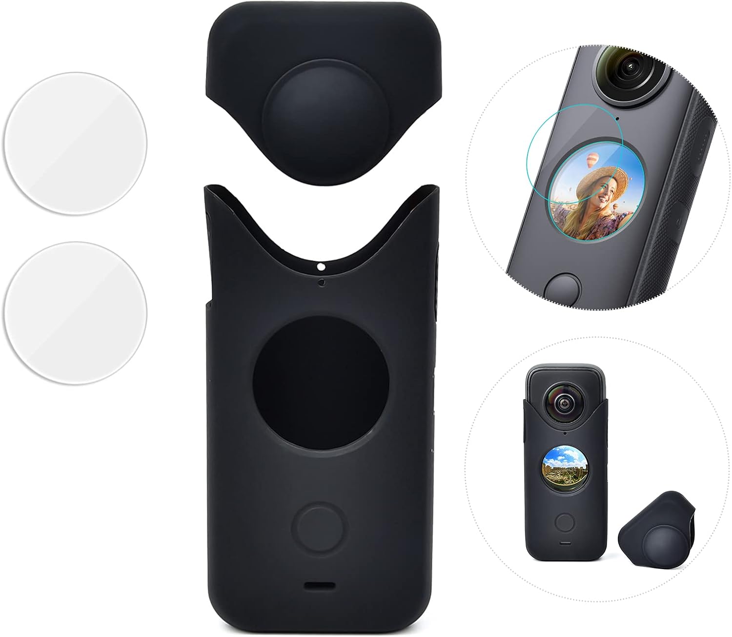 Lens HD Tempered Glass Protective Film (2 Sets) + Panoramic Camera Silicone Protection Cover N66562