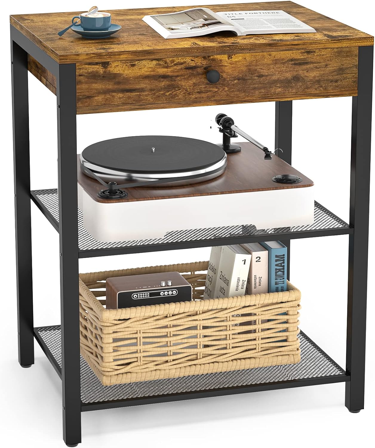 Rustic Brown Industrial Coffee Table with Storage Drawers and Double Storage Shelves F252146