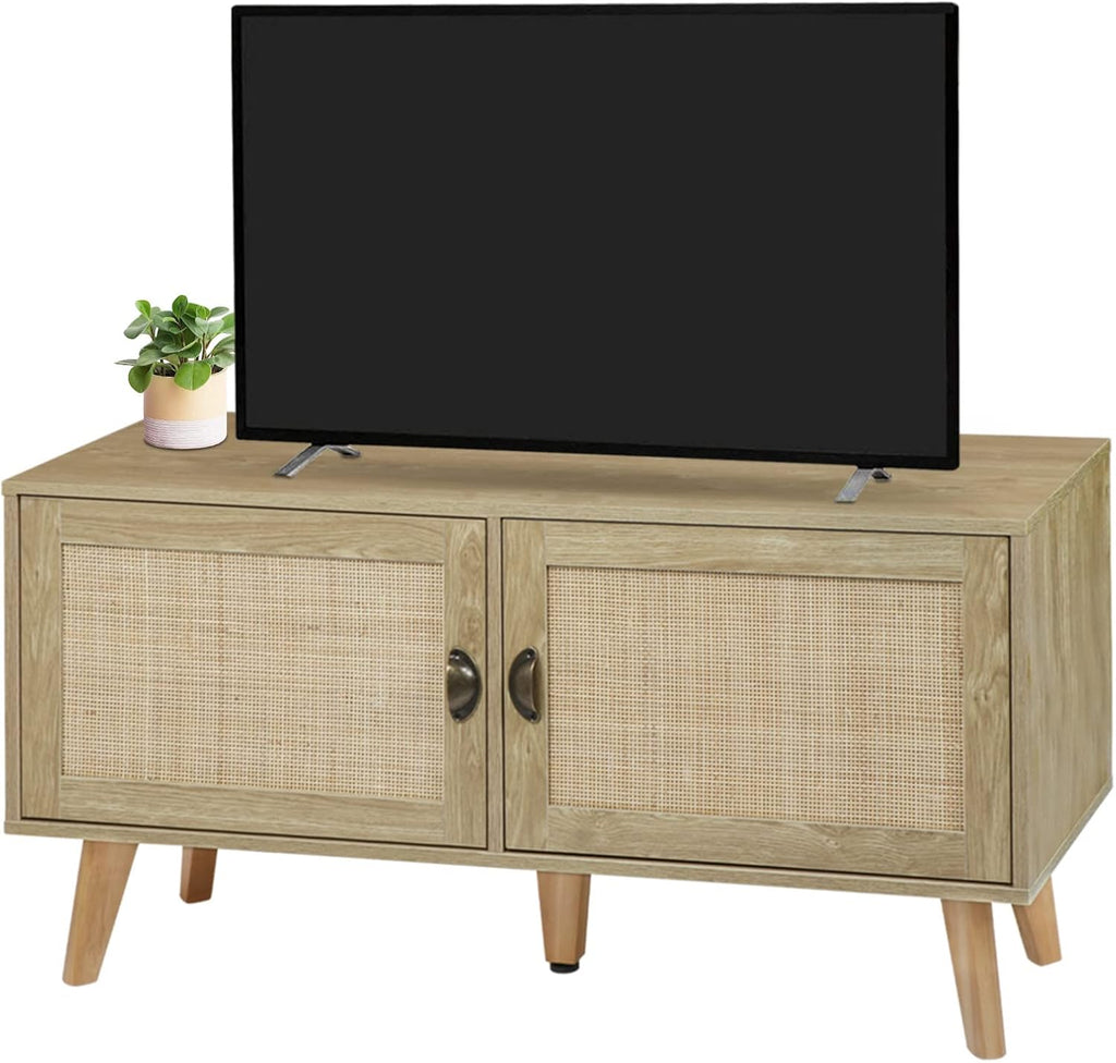 Natural Wood TV Stand with Rattan Doors F676