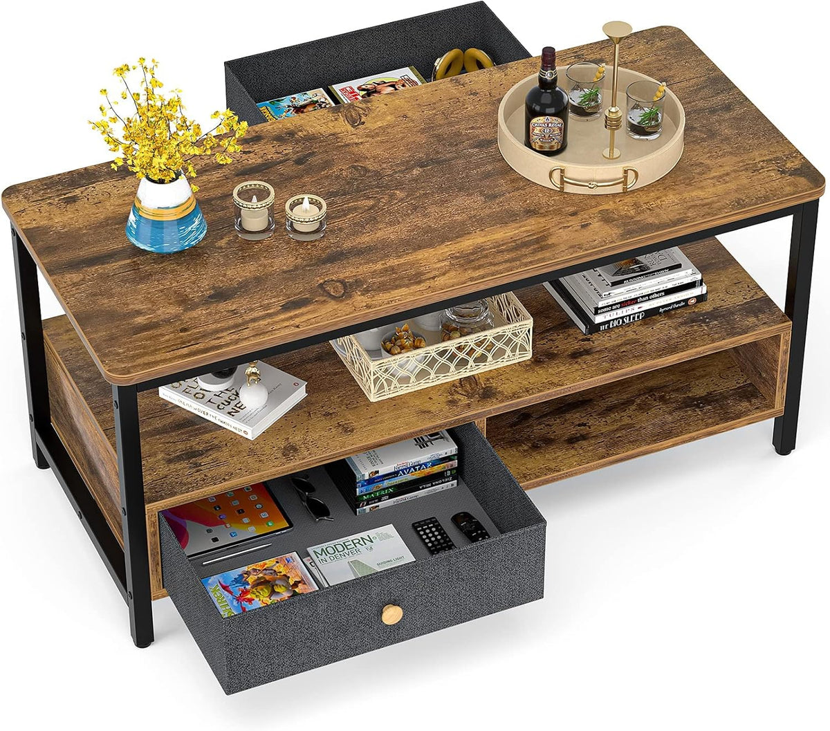 Rustic Brown Industrial Coffee Table with Storage Drawers and Double Storage Shelves F252146