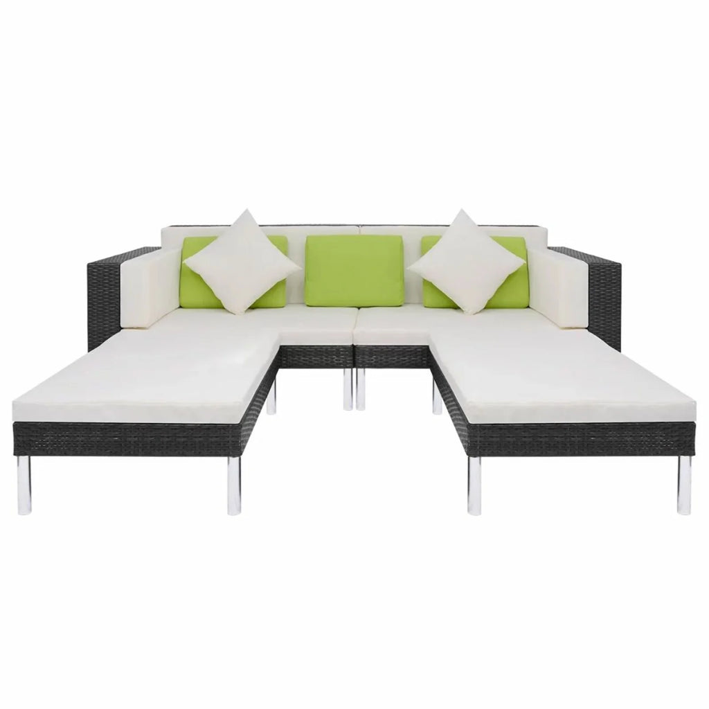 4 Piece Outdoor Conversation Set Cushioned Corner Sofa with Ottoman and Coffee Table Sectional Sofa Set Black Poly Rattan O553