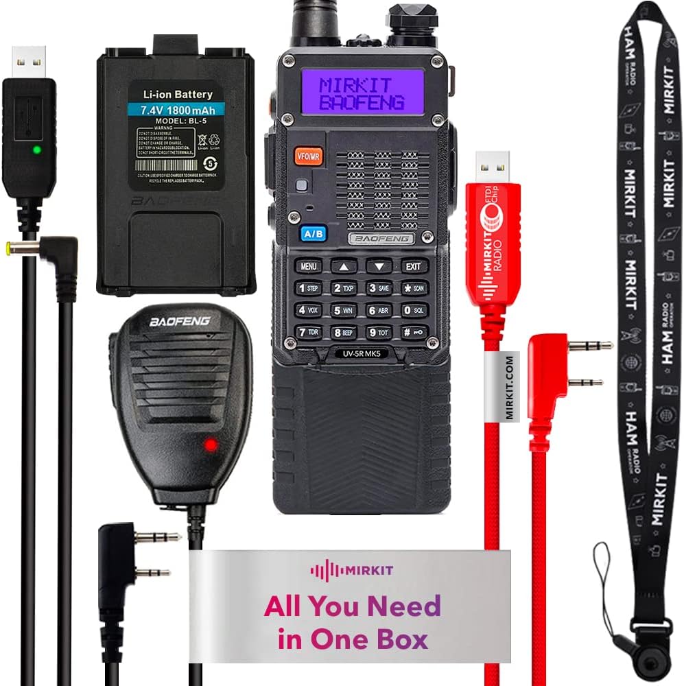 Baofeng Radio UV-5R MK5 8 Watt Max Power with Battery 3800 mAh, Handheld Speaker Mic, Programming Cable and Software L41736