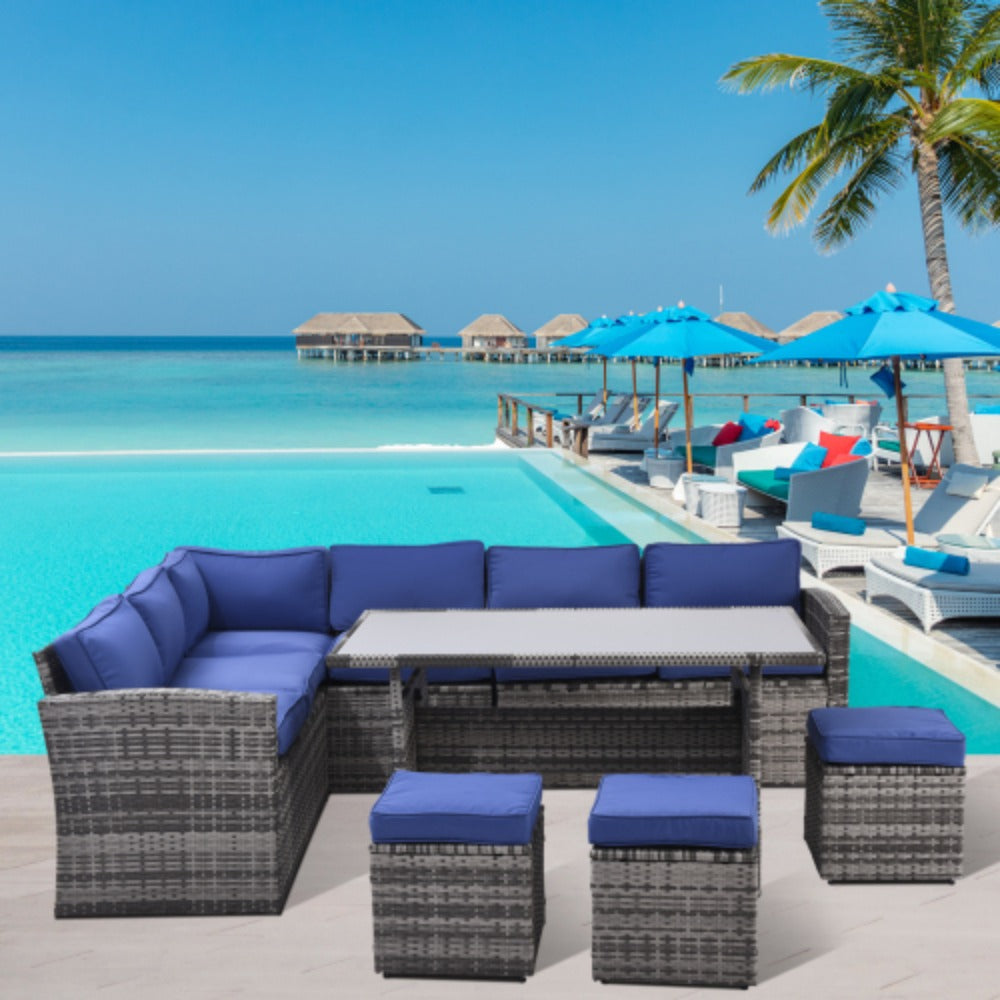 7 Piece Outdoor Patio Furniture Set with Dining Table, Chairs and Ottomans V222009